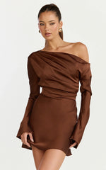 Sienna Mini Dress Tipped Shoulder Long Sleeve Dress in Chocolate