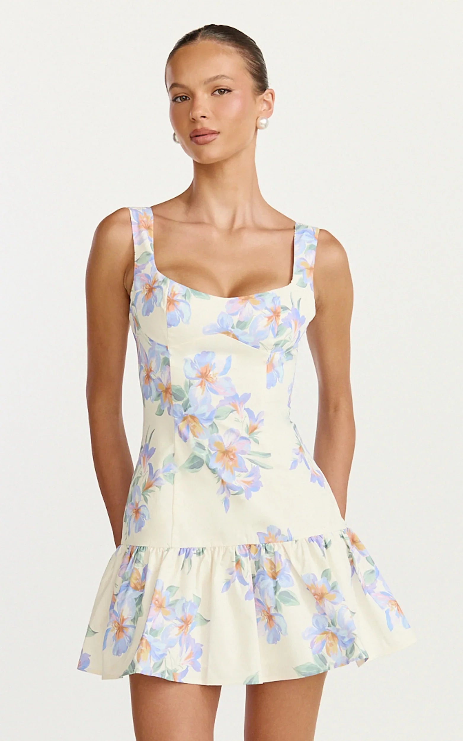 Astra Mini Dress Balconette Bodice Drop Waist Dress in Astra Posey Floral Print