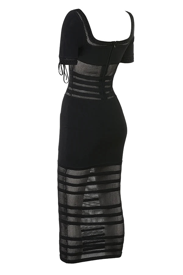 black openwork knit midi dress