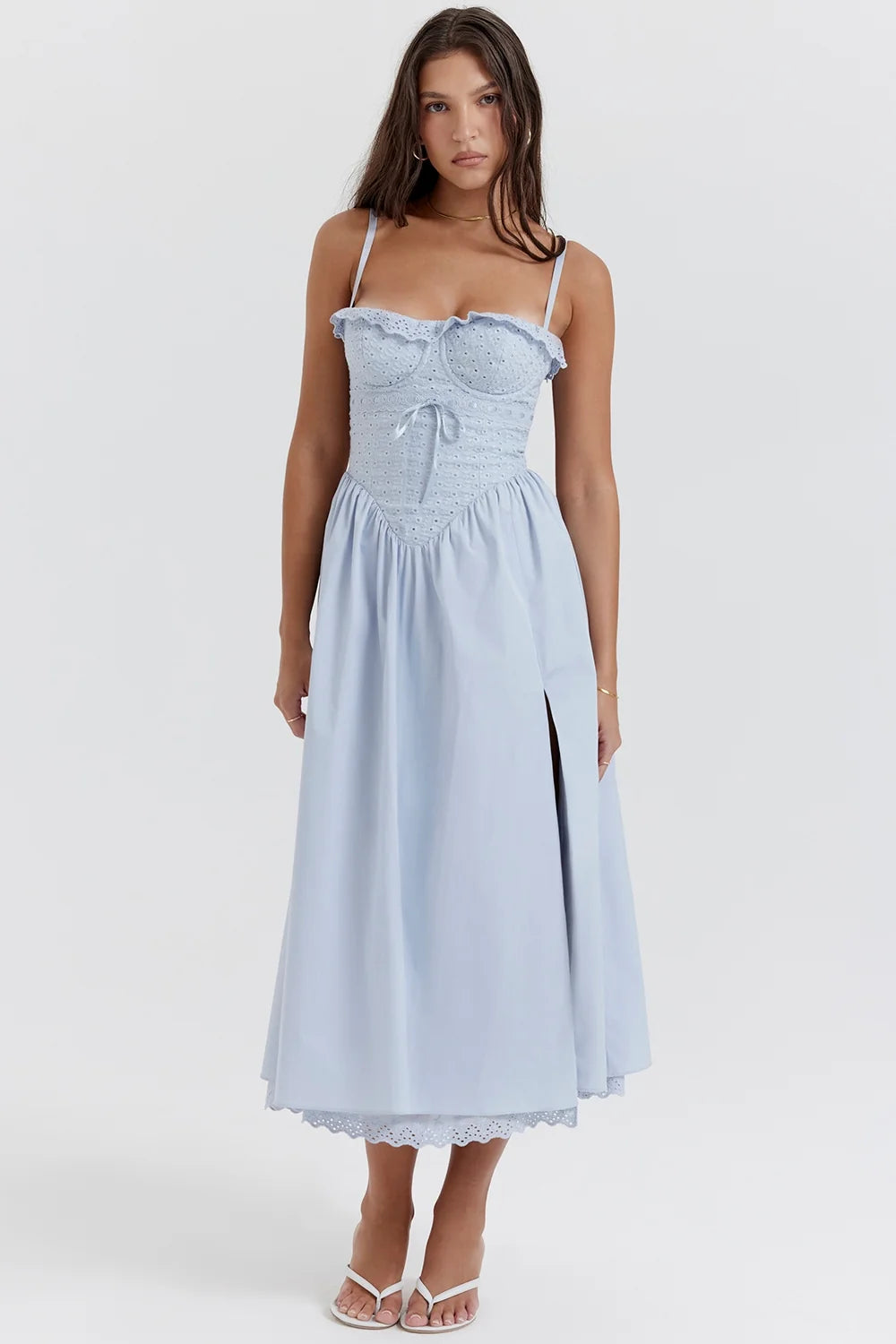 soft blue cotton broderie anglais midi sundress