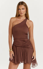 Jett Mini Dress Scarf Neck Asymmetric Hemline Georgette Dress in Chocolate