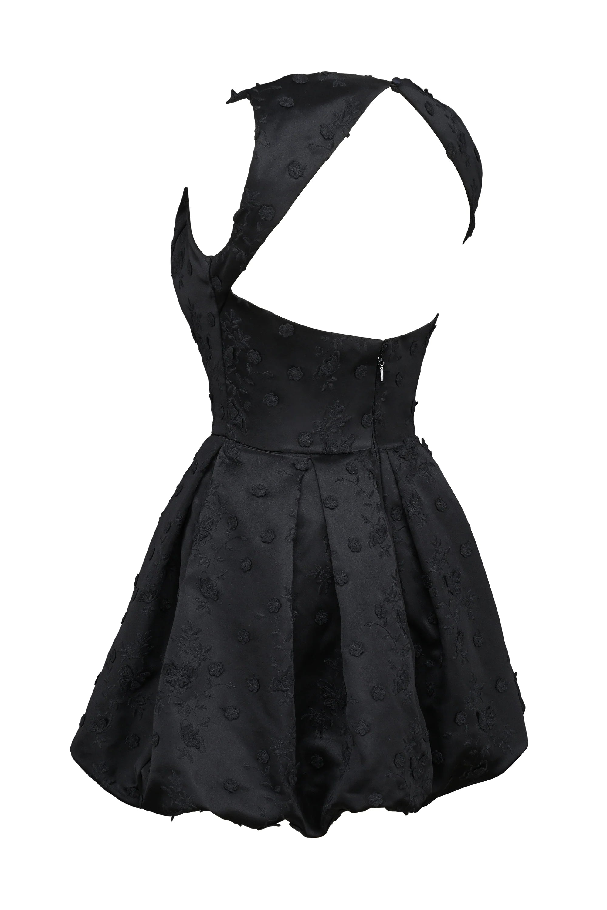 black backless embroidered mini puffball dress