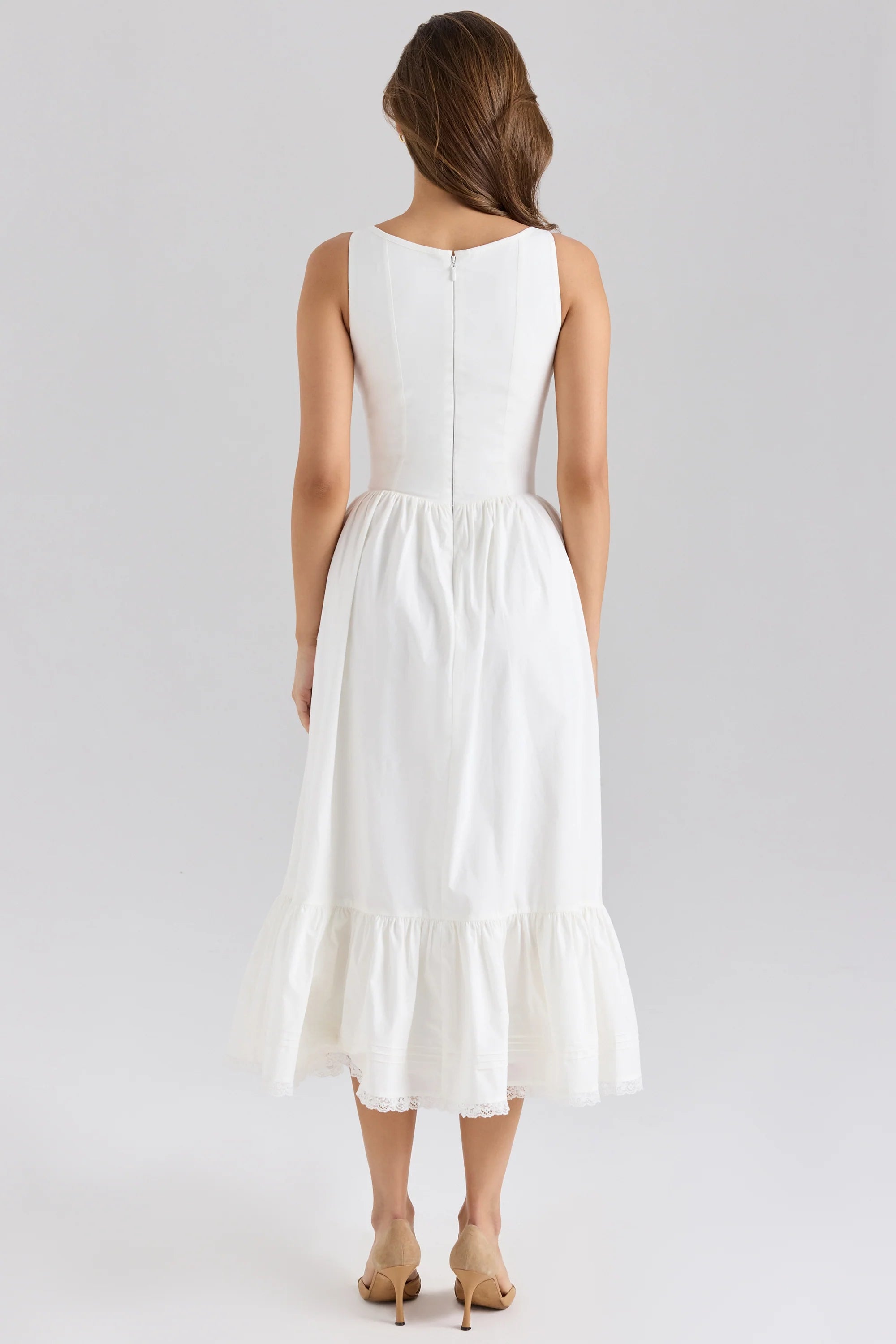 white stretch cotton lace up midi dress