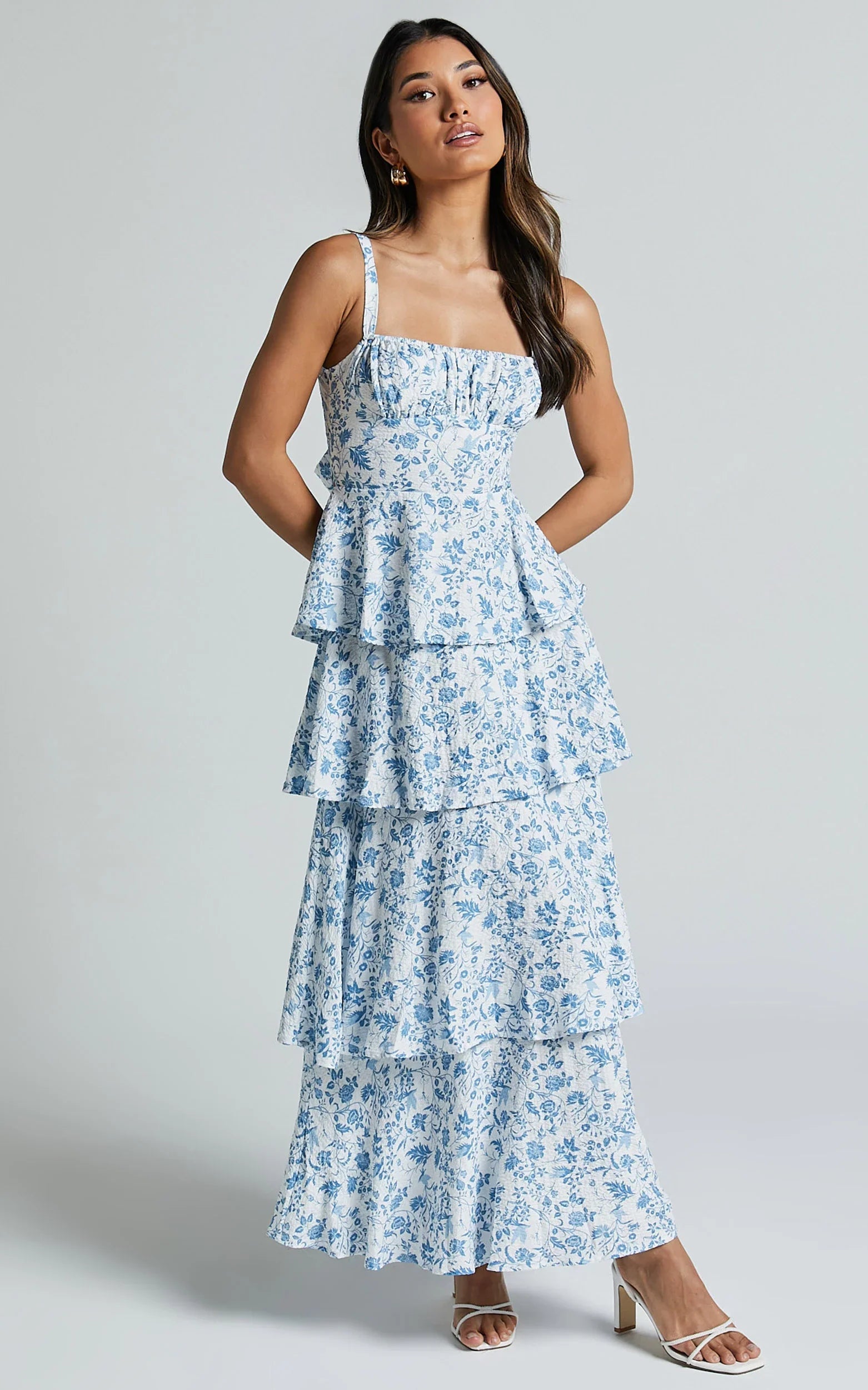 Lorma Midi Dress Ruched Layered Dress in Blue Floral