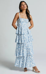 Lorma Midi Dress Ruched Layered Dress in Blue Floral