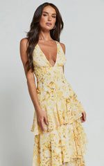 Beryl Midi Dress Deep V Neck Sleeveless Layered Dress in Yellow Floral