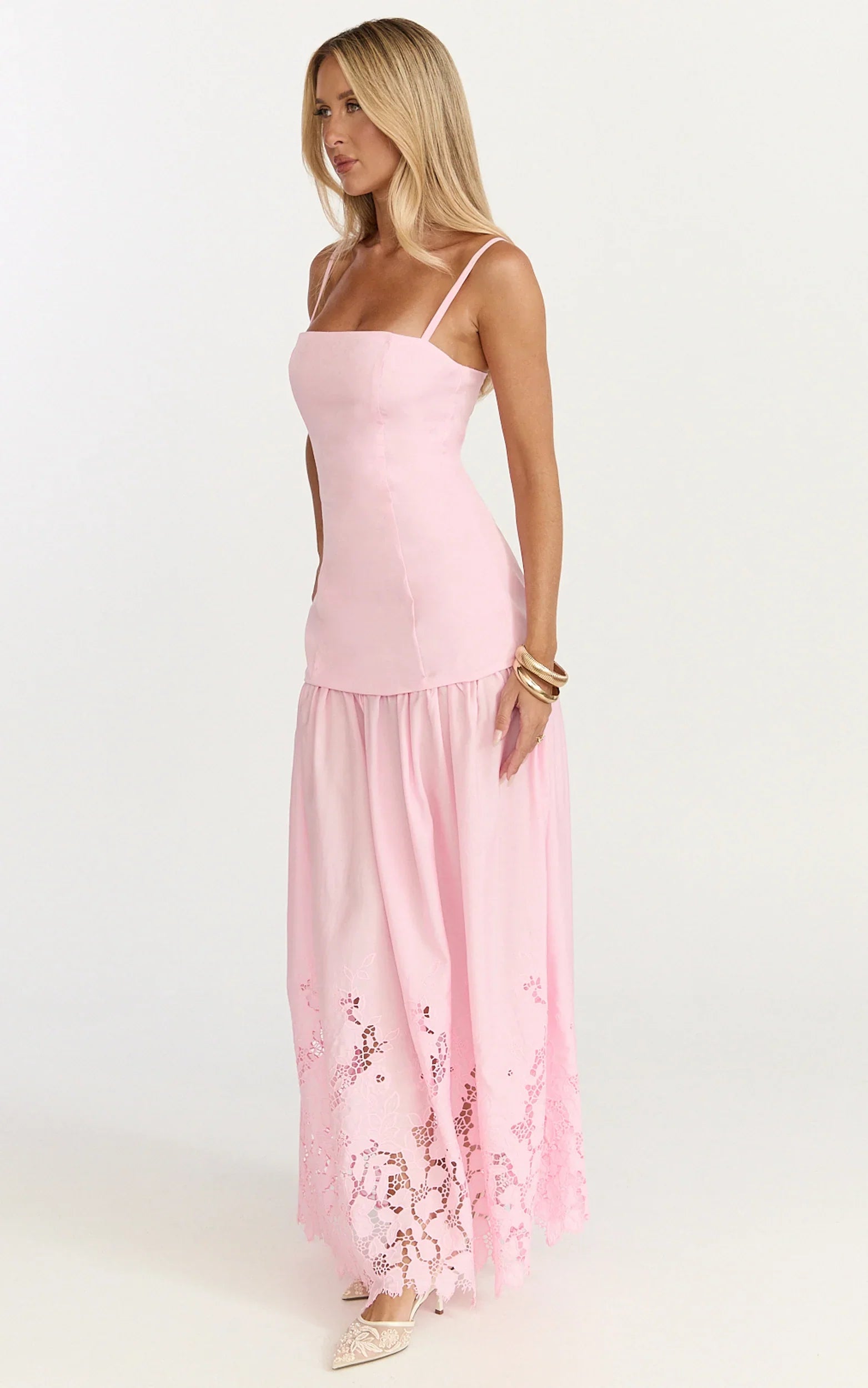 Everly Maxi Dress Straight Neck Broderie Cut Out Hem Dress in Pink