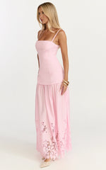Everly Maxi Dress Straight Neck Broderie Cut Out Hem Dress in Pink