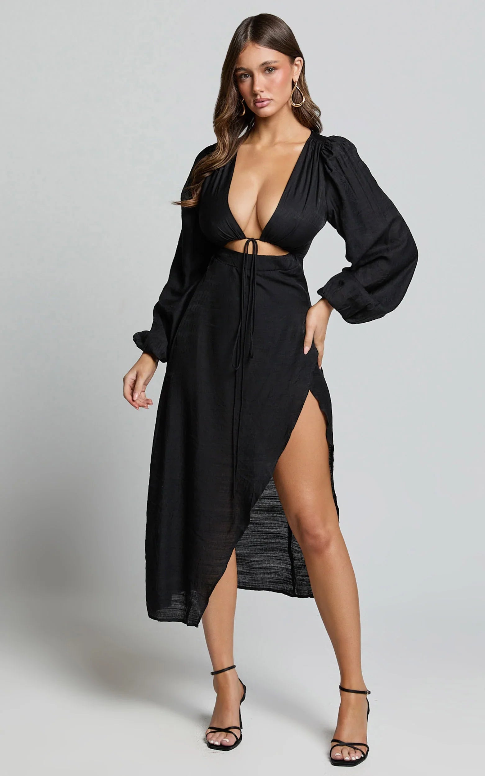 Demieh Midi Dress Front Cut Out Long Sleeve Dress in Black