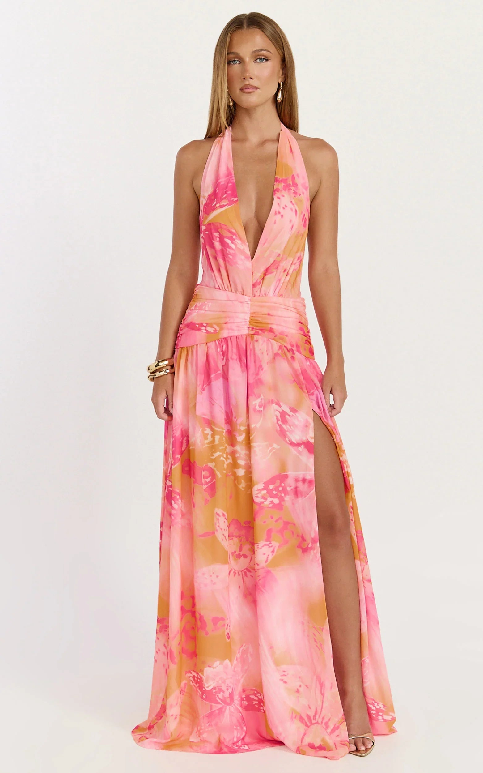 Nova Maxi Dress Plunge Neckline Backless Georgette Dress in Hot House Orchid Print