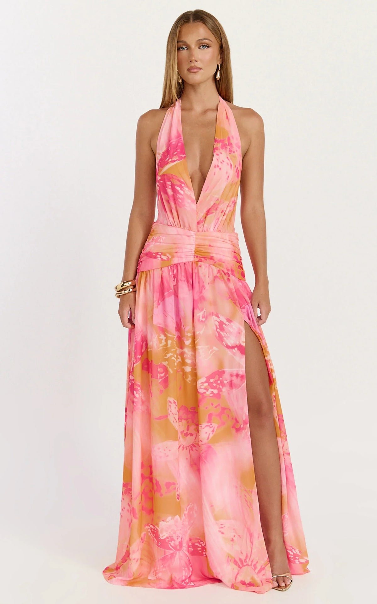Nova Maxi Dress Plunge Neckline Backless Georgette Dress in Hot House Orchid Print