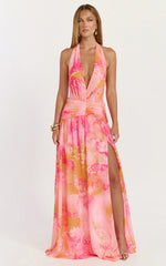 Nova Maxi Dress Plunge Neckline Backless Georgette Dress in Hot House Orchid Print
