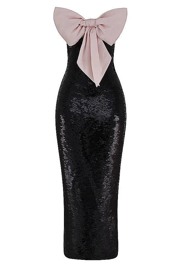 black sequin strapless bow dress