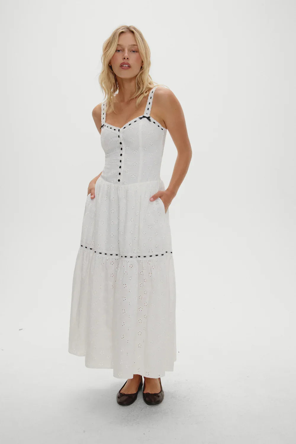 x BELLA HADID Bishop Eyelet Maxi Dress Salt Air Eyelet