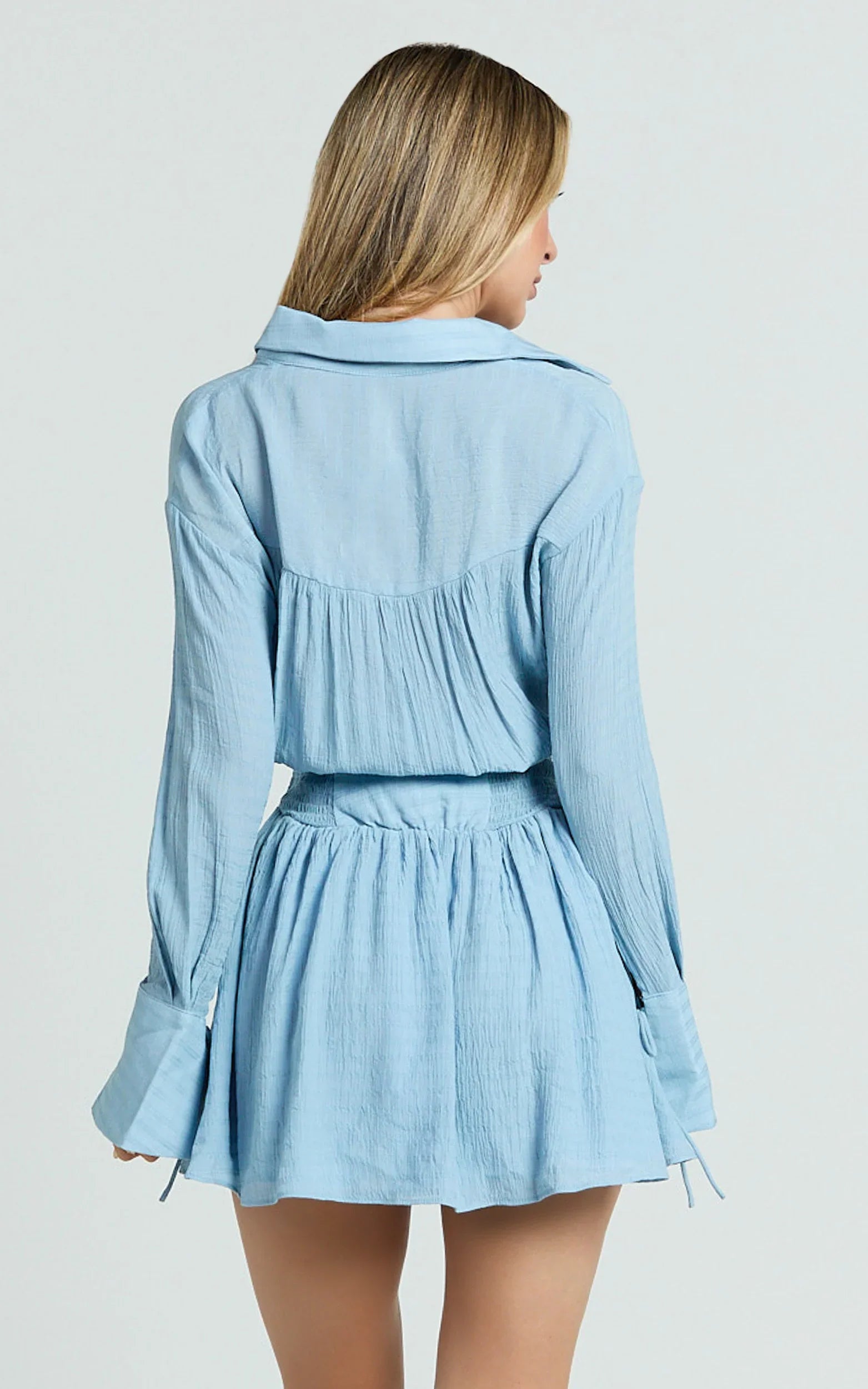 Valerie Mini Dress Collared Long Sleeve Waist Shirt Dress in Pale Blue