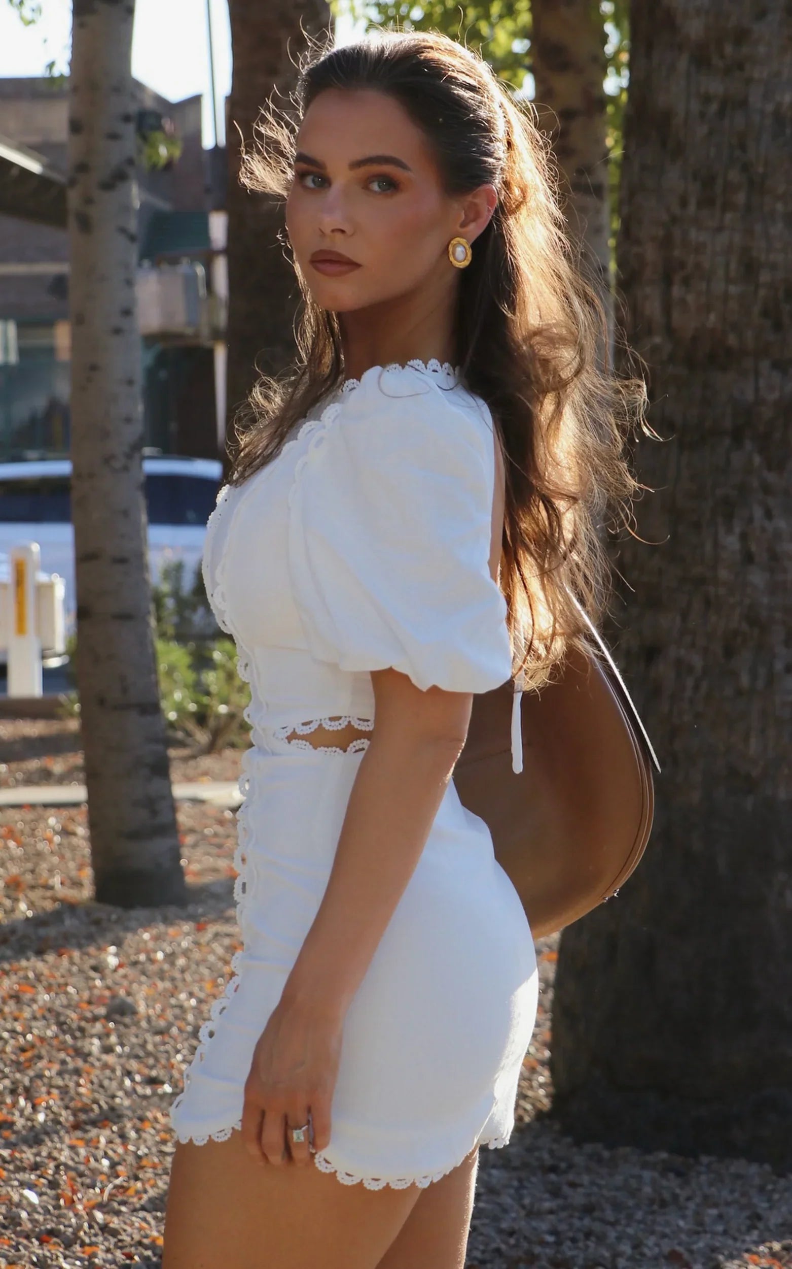 Laila Mini Linen Blend Dress High Neck Side Cut Out Puff Sleeve Straight Dress in Off White