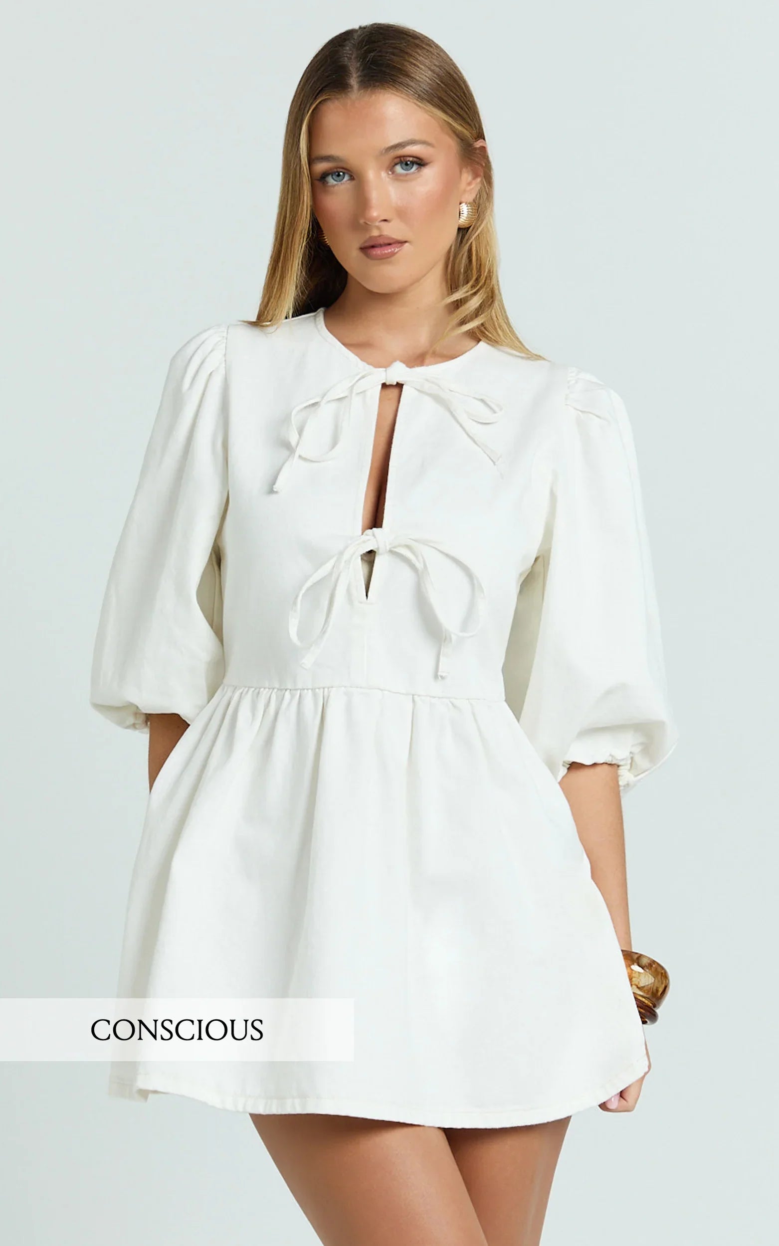 Shailene Mini Dress Tie Front Puff Sleeve Recycled Denim Dress in Ecru