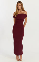 Lena Midi Dress Off Shoulder Ruched Bodycon Dress in Wine