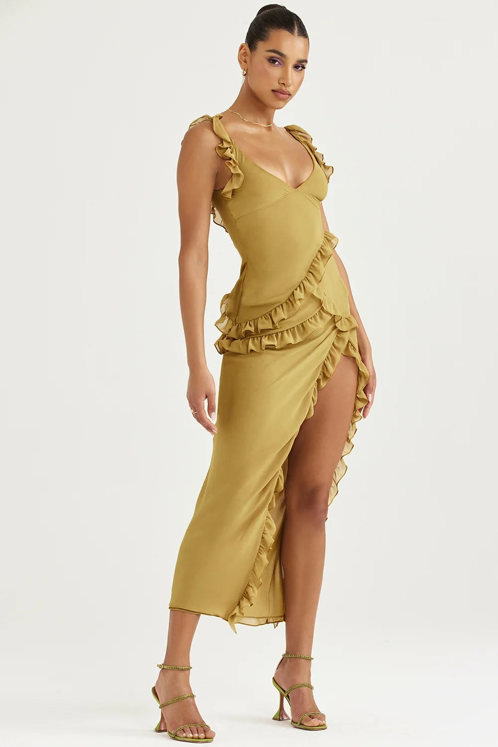 olive ruffle maxi dress