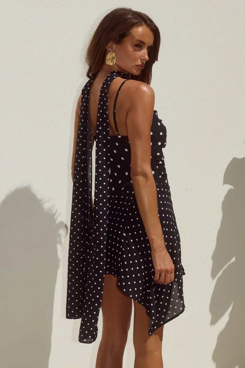 ALORA SCOOP NECK MINI DRESS BLACK WHITE POLKA