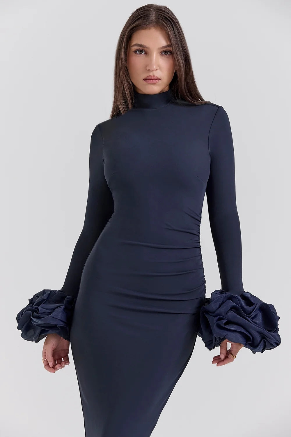 midnight ruffle sleeve maxi dress