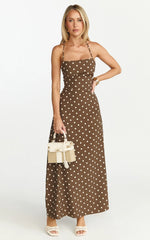 Leighton Maxi Dress Cross Over Spaghetti Straps Square Neck A Line Dress in Choc Cream Polka Dot