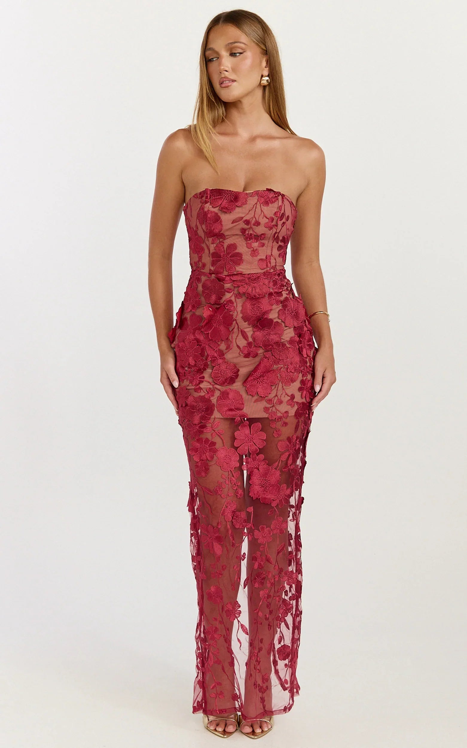 Sienna Maxi Dress 3D Floral Strapless Column Dress in Wine