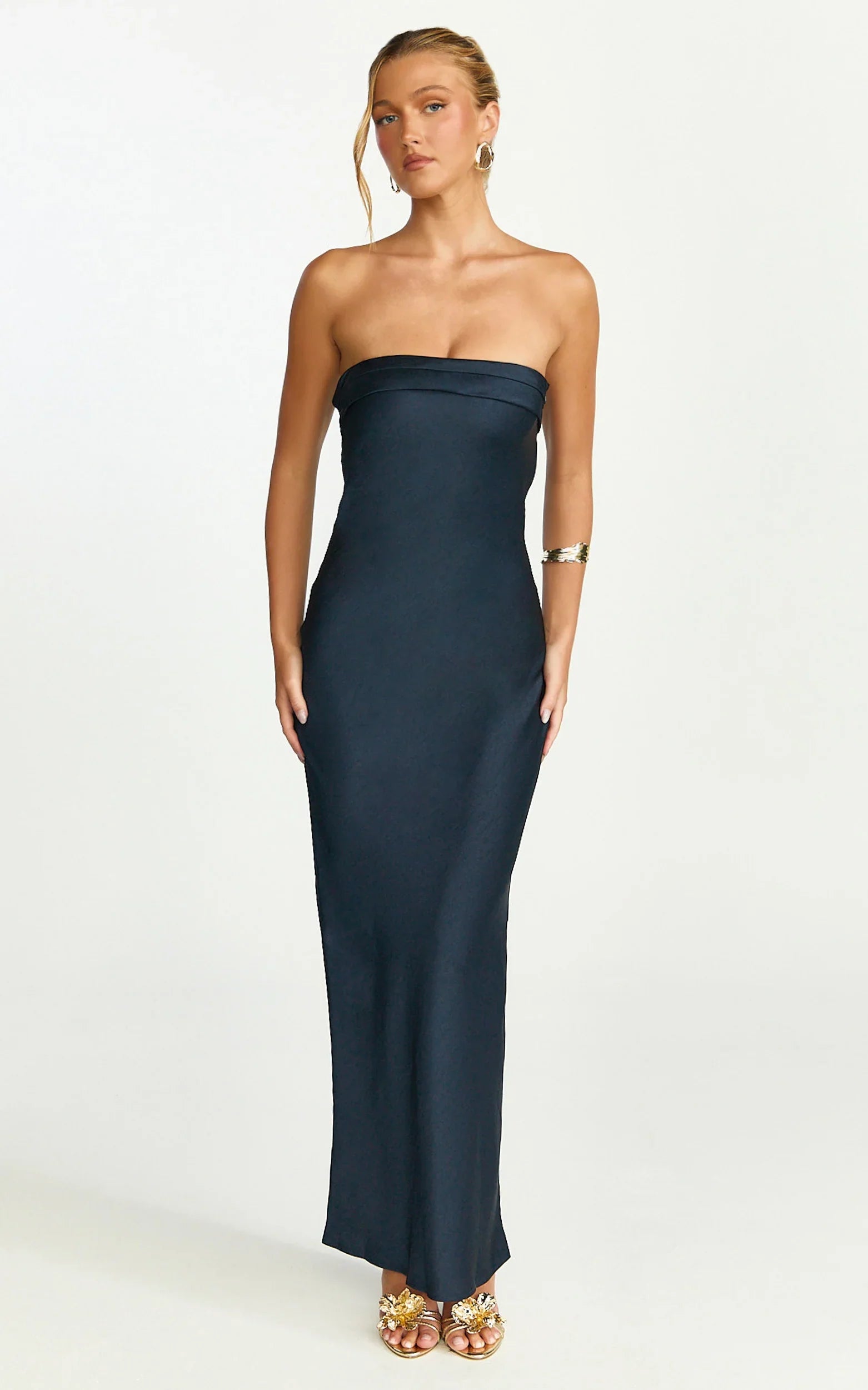Zaya Midi Dress Strapless Satin Slip Dress in Navy