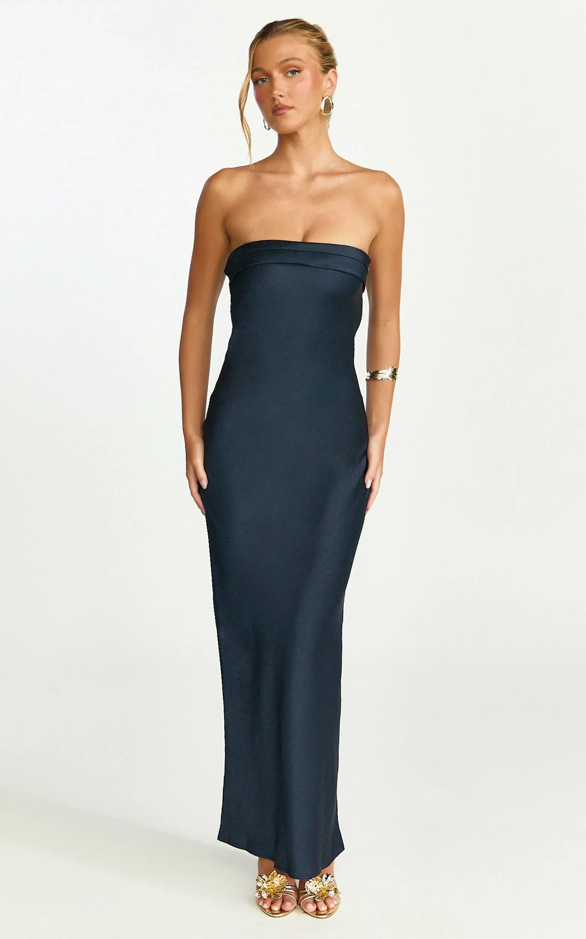 Zaya Midi Dress Strapless Satin Slip Dress in Navy