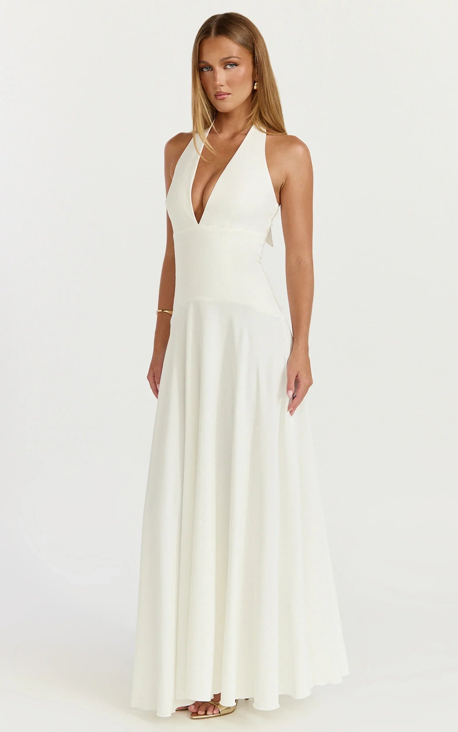 Poppy Maxi Dress Contrast Skirt Deep Plunge Halter Dress in Off White