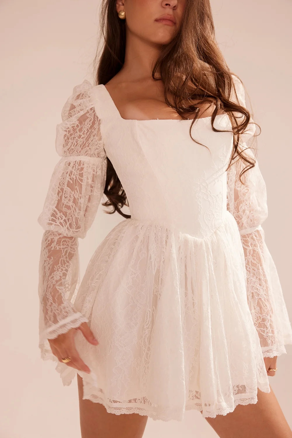 white lace puff sleeve mini dress