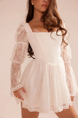 white lace puff sleeve mini dress