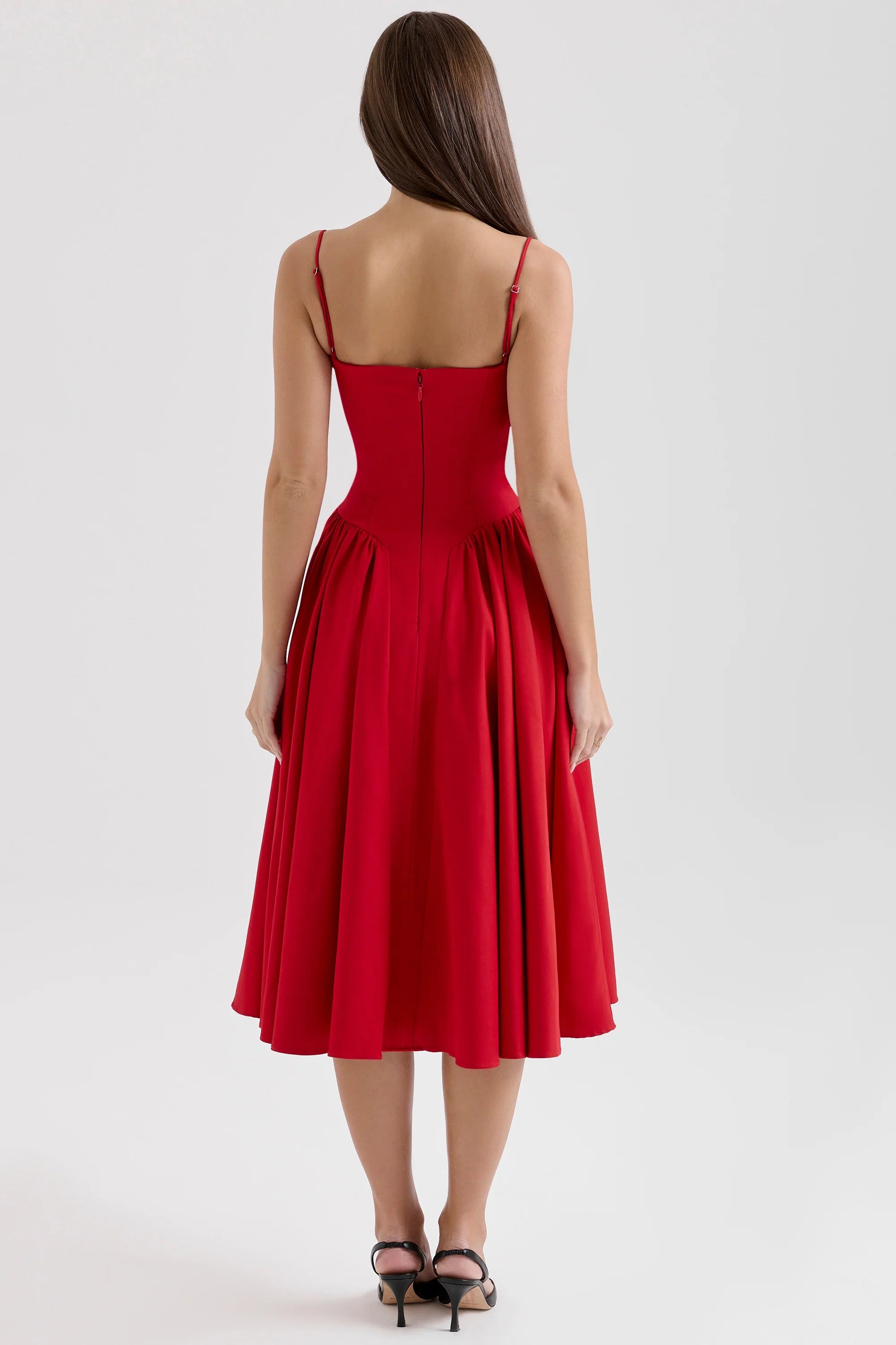 red gathered midi dress