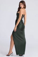 emerald satin strapless maxi dress