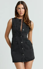 Stephanie Mini Dress Scoop Neck Pocket Detail Recycled Denim Dress in Washed Black