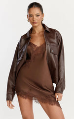 Iris Mini Dress Lace Trim Asymmetrical Camisole Dress in Chocolate