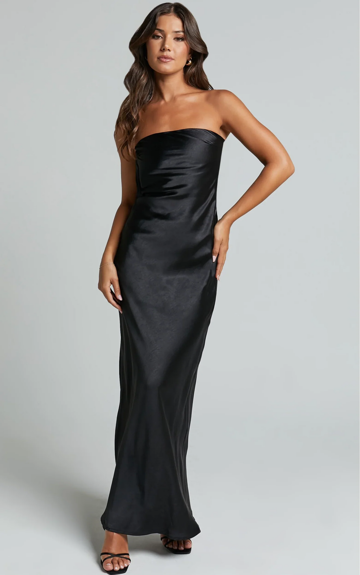 Charlita Maxi Dress Strapless Cowl Back Satin Dress in Black