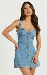 Alena Mini Dress Sweetheart Button Down Sleeveless Bodycon Denim Dress in Mid Blue Wash