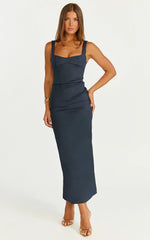 Benita Midi Dress Scoop Neck Ruched Fitted Dress in Navy